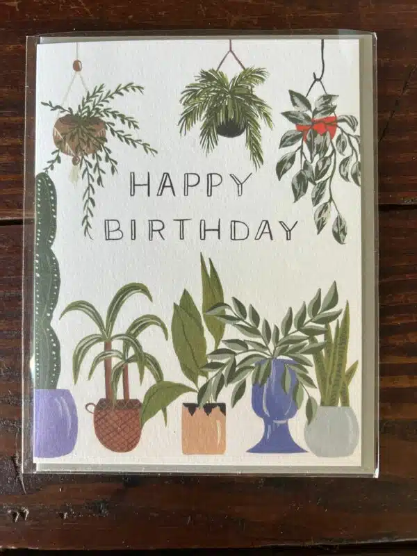 Happy birthday card with potted plants on it