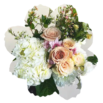 Wedding bouquet with pink roses, white peonies, and greenery, created by Washington NC wedding florist, Sun Moon and Bloom.